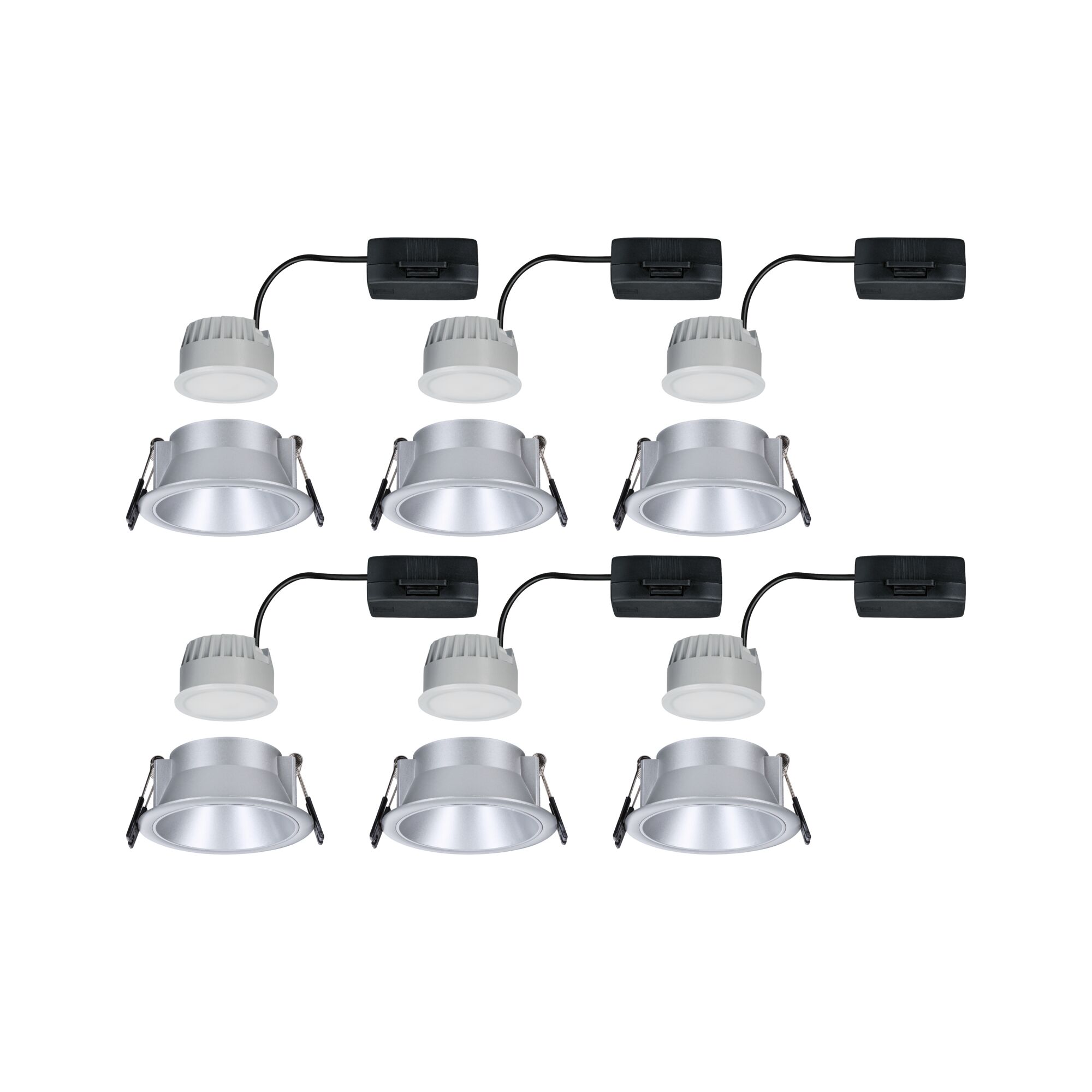 Set of six silver aluminum LED recessed spotlights with drivers for modern room lighting