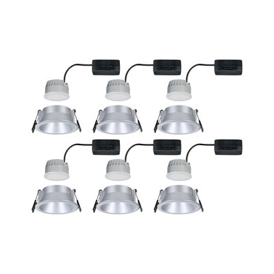 Set of six silver aluminum LED recessed spotlights with drivers for modern room lighting