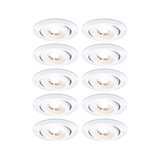 Set of ten white plastic recessed spotlights with adjustable LED lamps for versatile lighting.