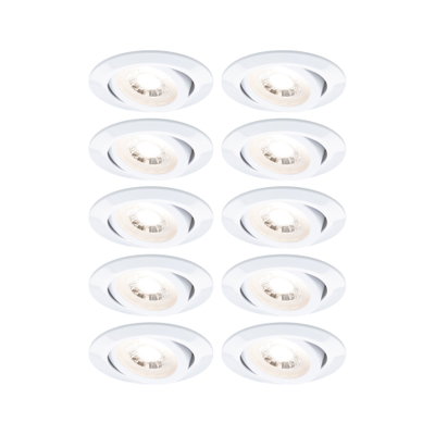 Zehn weiße Einbaustrahler aus Kunststoff mit schwenkbarem Spot für flexible LED-Beleuchtung.