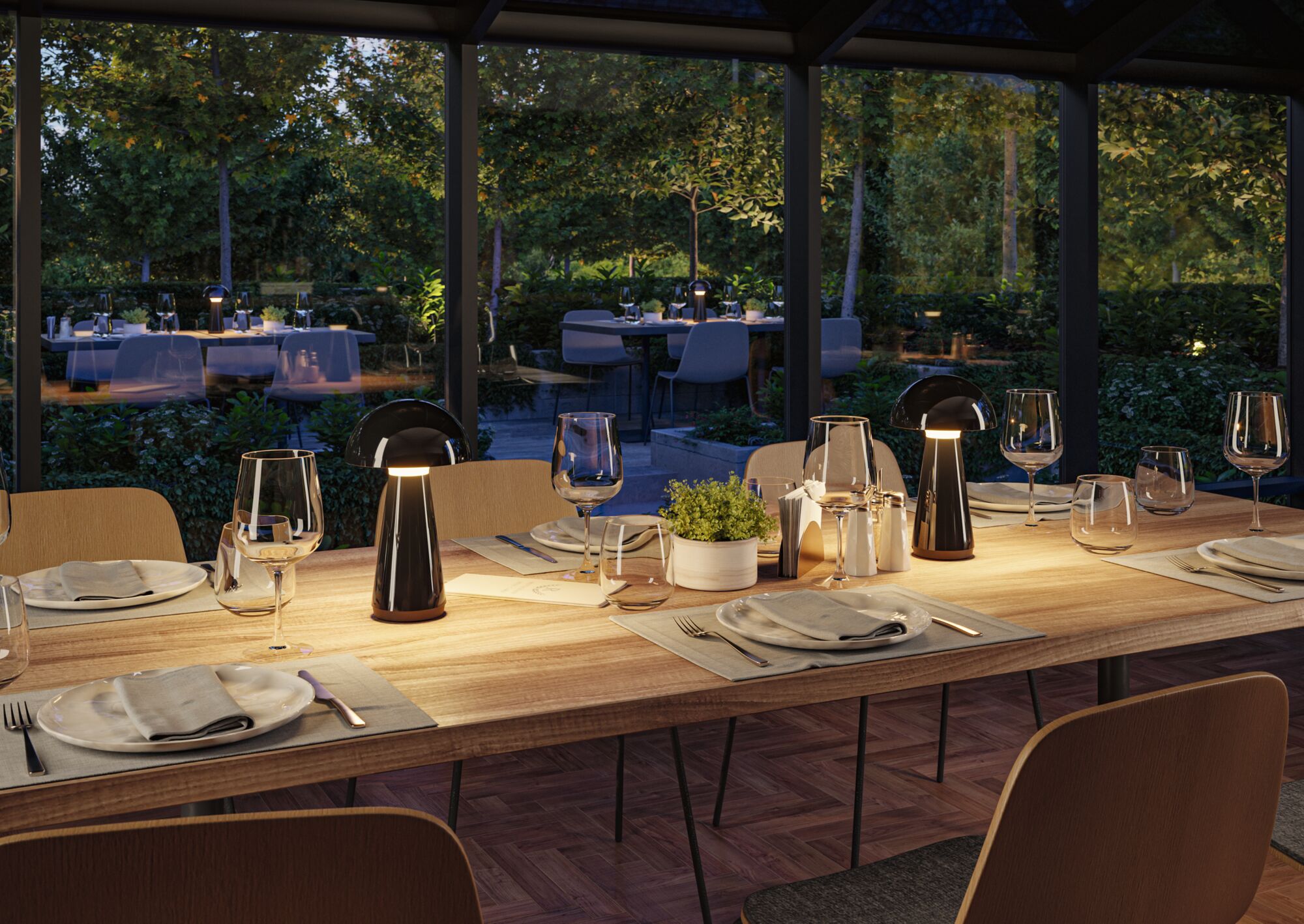 Moderner Esstisch mit schwarzen LED-Tischlampen aus Metall und Glas, stilvolle Ambientebeleuchtung