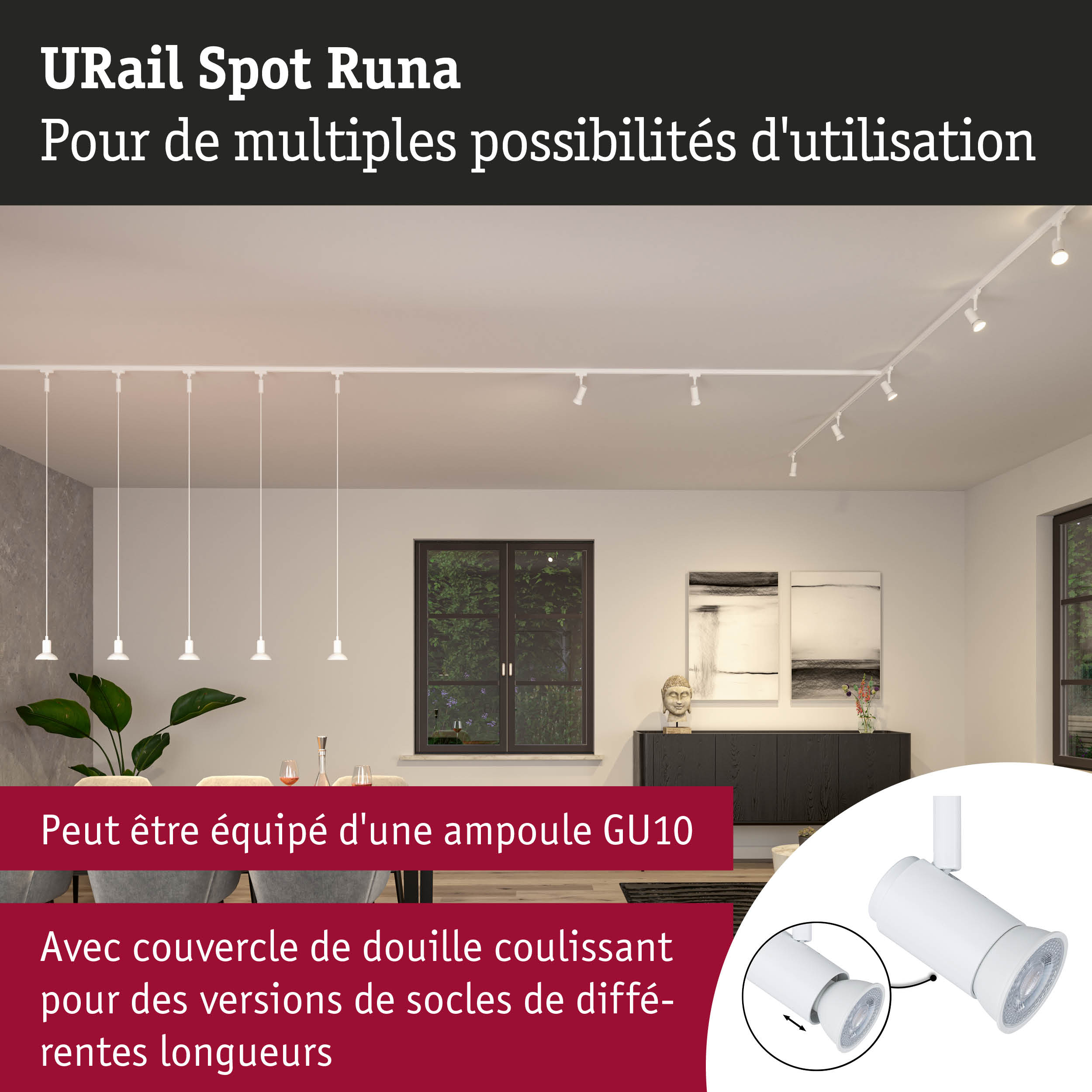 Spot URail Runa blanc avec douille GU10 pour un éclairage polyvalent dans la maison