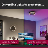 LED wall and ceiling light with white ring and RGB color change for study and gaming room lighting
