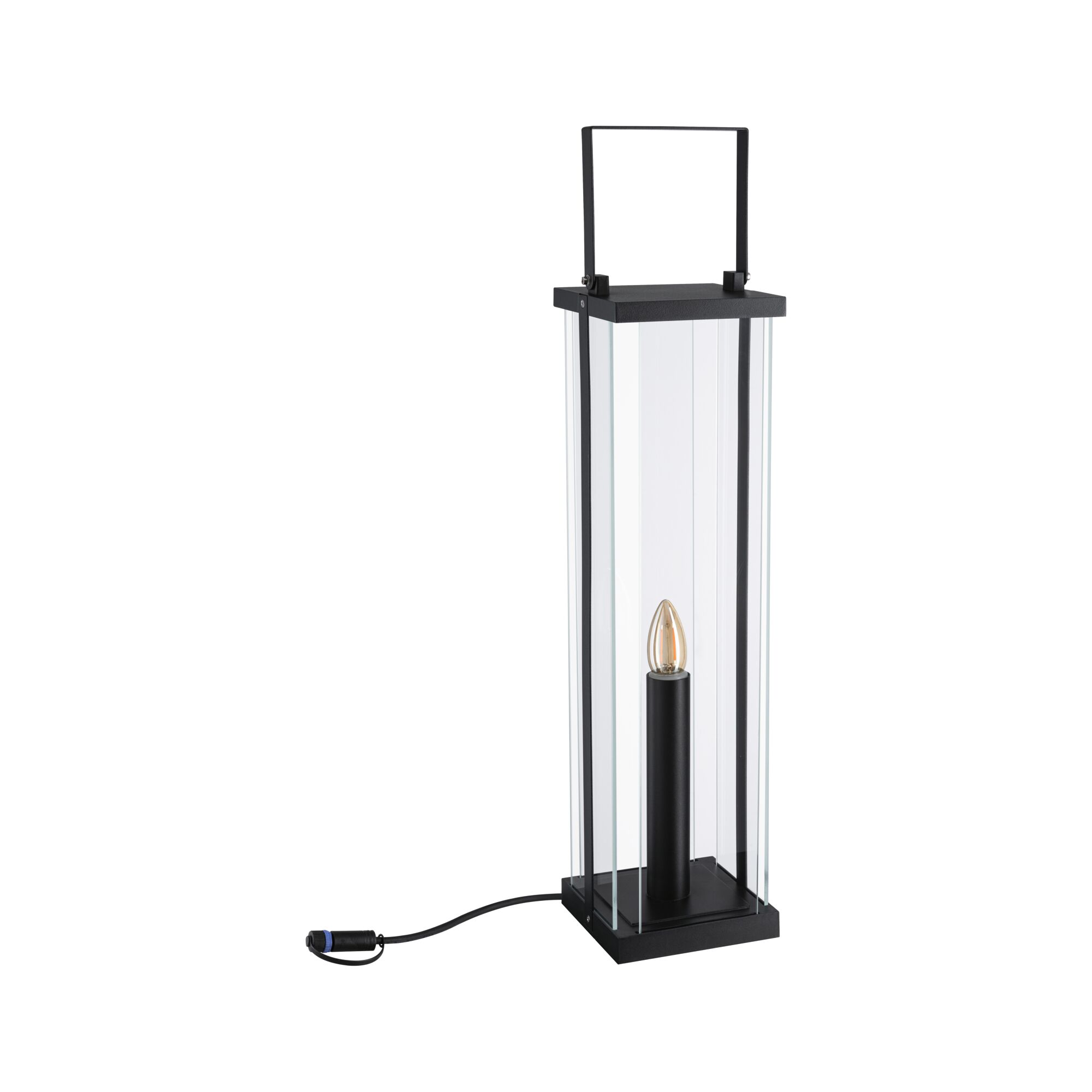 Schwarze Laterne aus Metall und Glas mit Kerzenlampe und Kabel für stimmungsvolle Beleuchtung