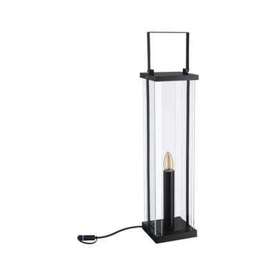 Black metal and glass lantern with candle bulb and cable for atmospheric lighting