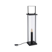 Schwarze Laterne aus Metall und Glas mit Kerzenlampe und Kabel für stimmungsvolle Beleuchtung