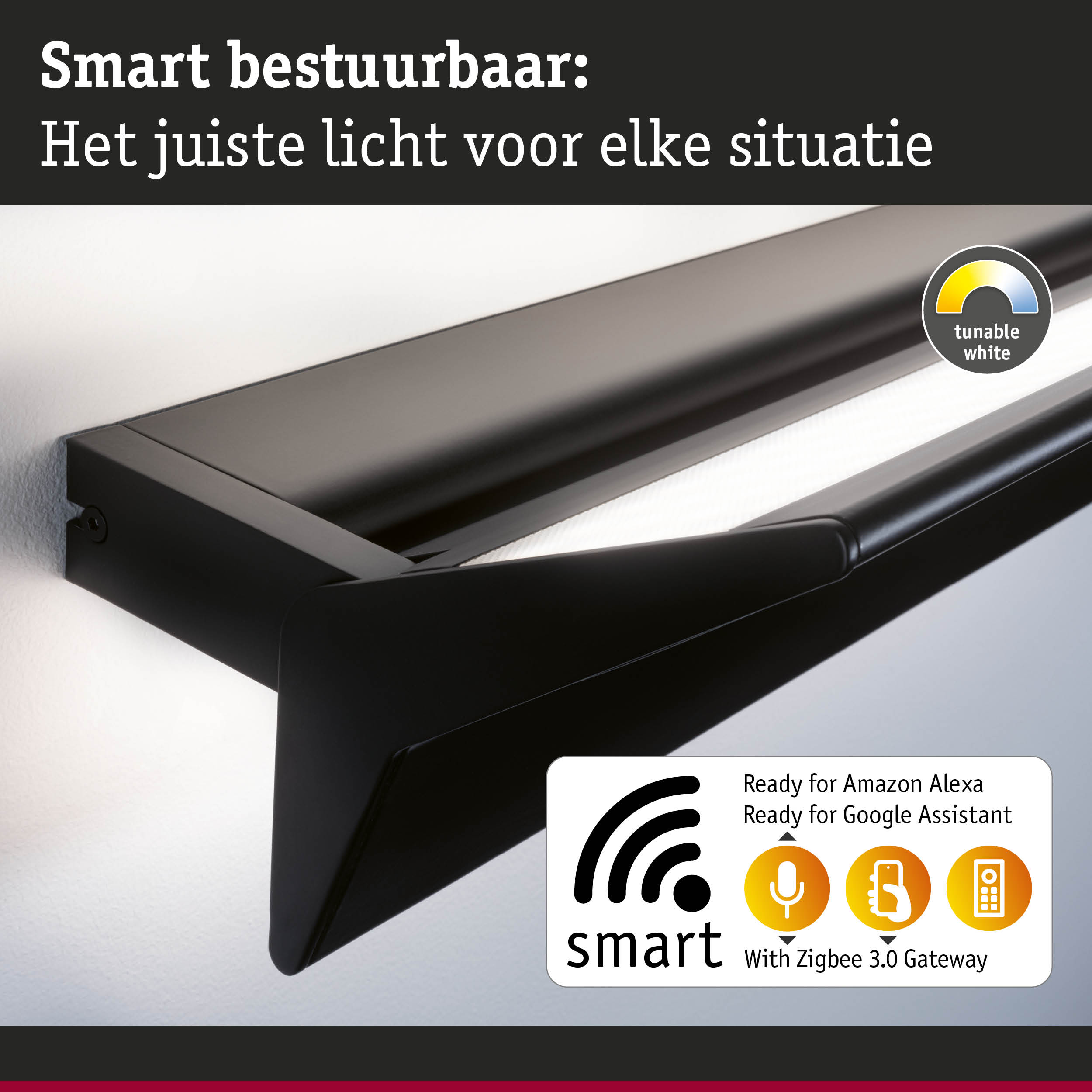 Zwarte slimme LED-wandlamp met instelbaar wit licht en Zigbee 3.0 gateway voor spraak- en app-bediening