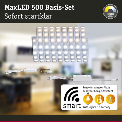 MaxLED 500 Basis-Set mit dimmbaren weißen LED-Streifen und Smart-Home-Kompatibilität für Alexa und Google.