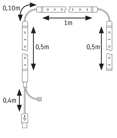 Teknisk tegning af LED-strip connector med mål 1m x 0,5m x 0,4m i sort-hvid