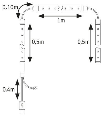 Teknisk tegning af LED-strip connector med mål 1m x 0,5m x 0,4m i sort-hvid