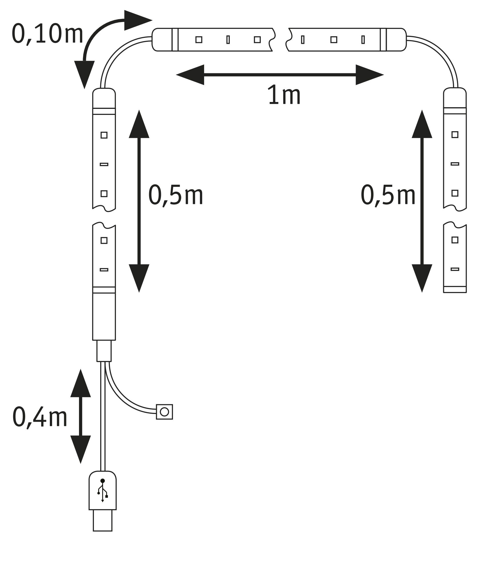 Dessin technique avec dimensions des bandes LED et câble USB en noir et blanc