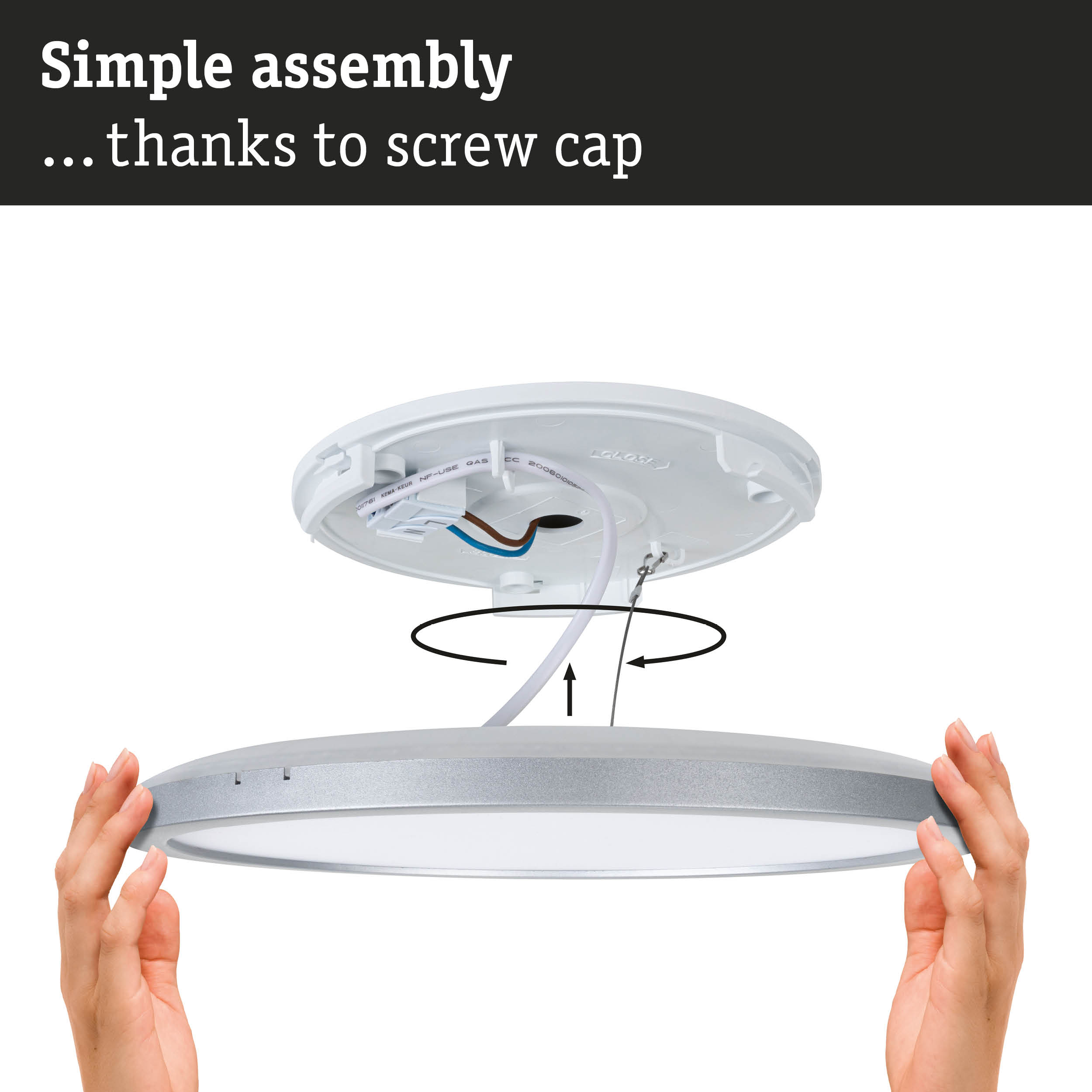 White round LED ceiling light with silver trim and simple assembly using screw cap