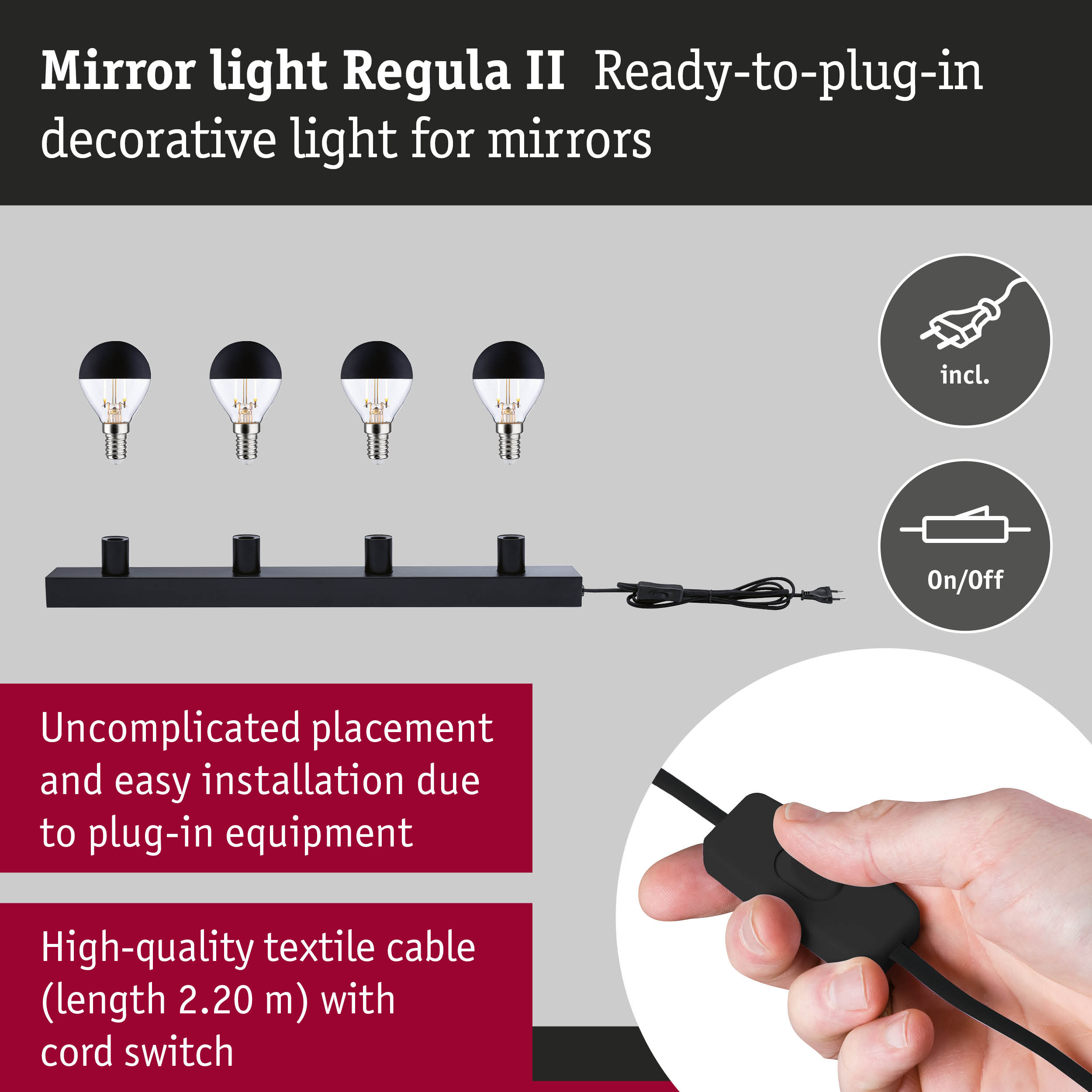 Set Mirror light Regula II including light source 4-lamp E14 2700K 4x250lm 230V 4x2,5W dimmable Black/Crown mirror black matt