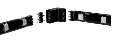 Zwarte LED-strip connector met pinnen en hoekadapter voor flexibele lichtinstallaties