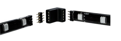Sort LED-strip forbindelsesstykke med pins og vinklet adapter til fleksible lysopsætninger