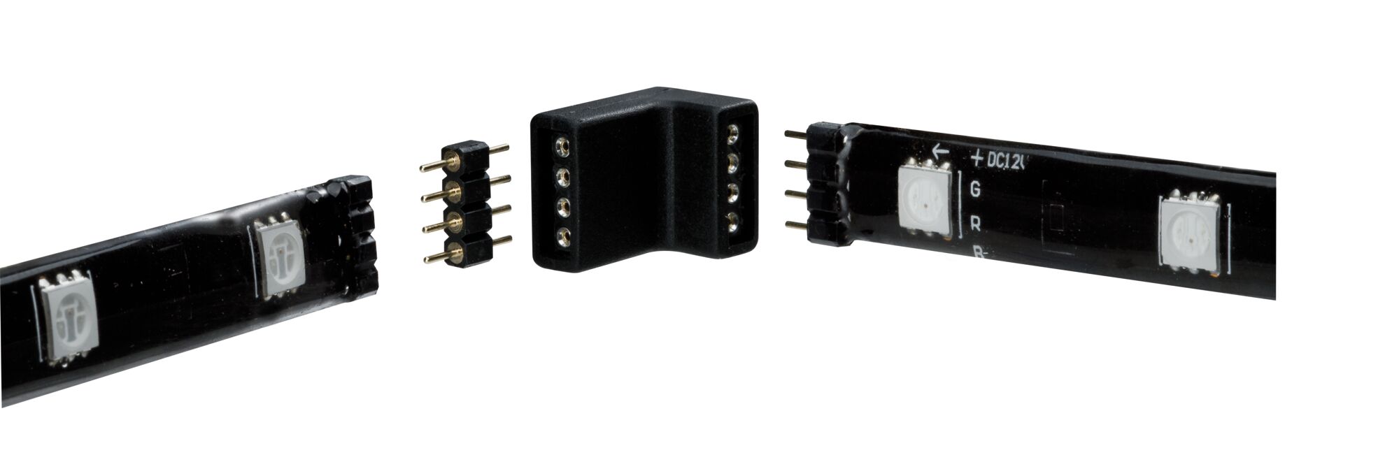 Black LED strip connector with pins and angled adapter for flexible lighting setups