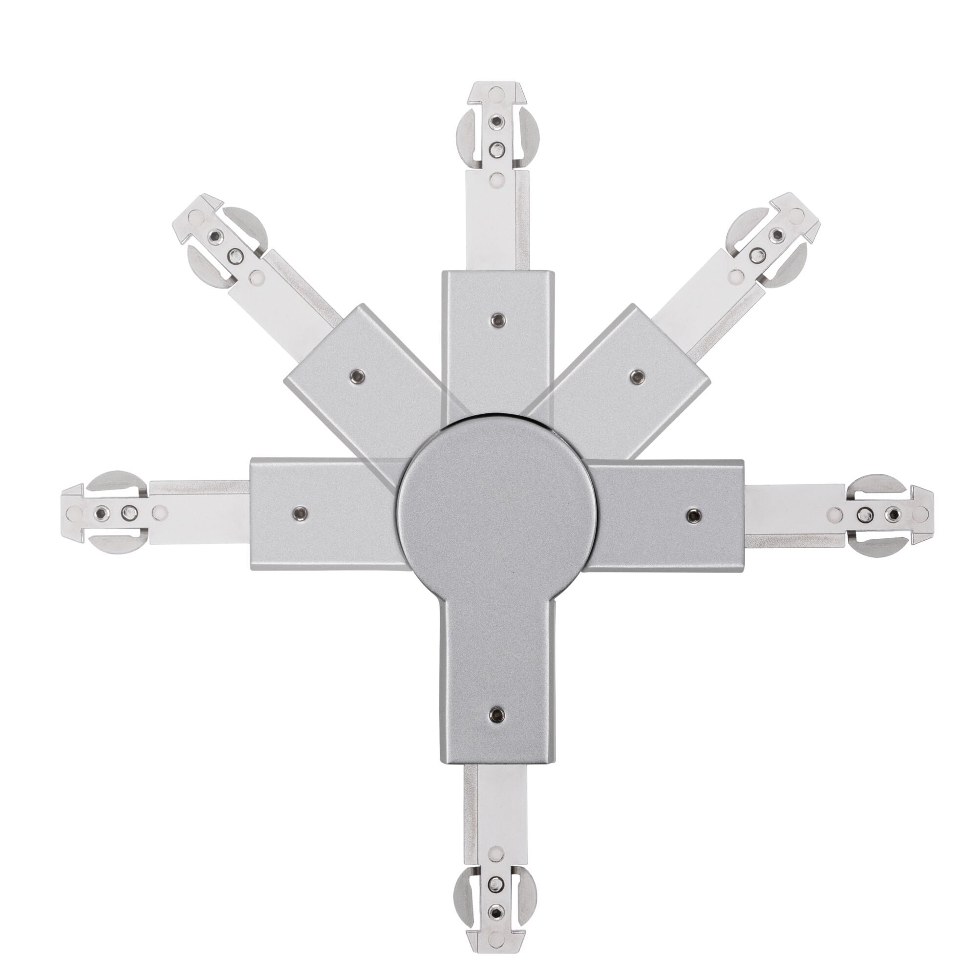 Zilverkleurige metalen connector met vijf verstelbare armen voor railsystemen, stevig ontwerp