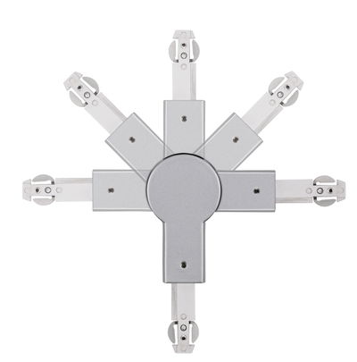 Zilverkleurige metalen connector met vijf verstelbare armen voor railsystemen, stevig ontwerp