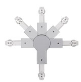 Zilverkleurige metalen connector met vijf verstelbare armen voor railsystemen, stevig ontwerp