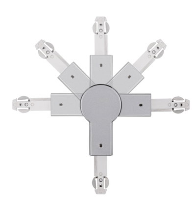Silver metal connector with multiple fold-out arms for flexible mounting and connection
