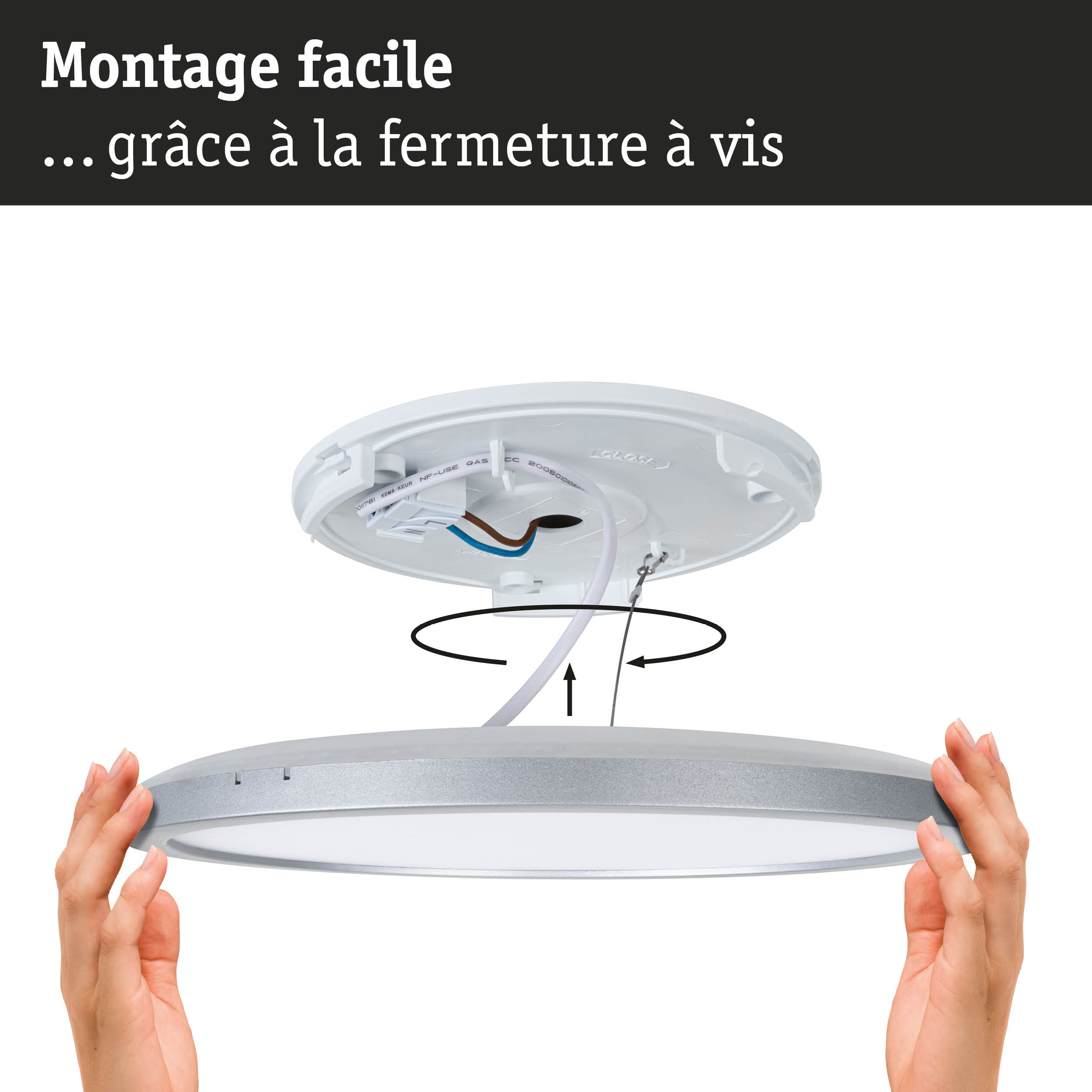 Plafonnier LED rond blanc avec bordure argentée et montage facile par vis pour intérieur