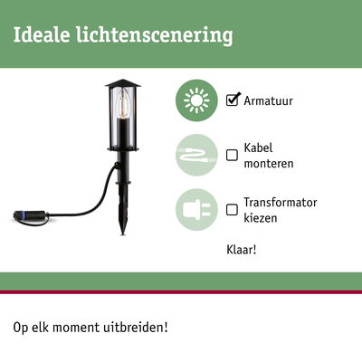 Zwarte buitenlamp met grondpen en kabel voor eenvoudige installatie in de tuin