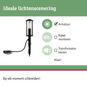Zwarte buitenlamp met glazen kap en kabel voor tuinverlichting en lichtinstallatie
