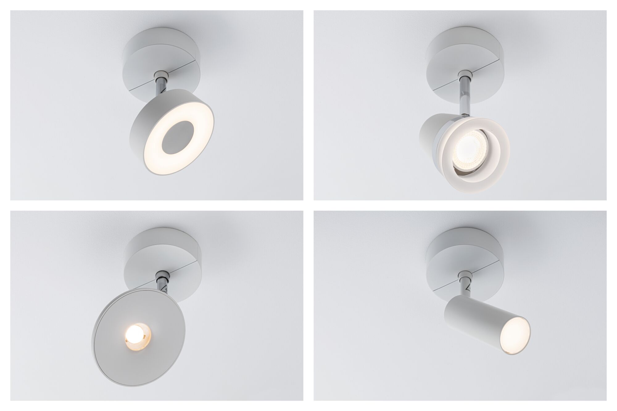 Four white metal ceiling spotlights with different LED light types for modern room lighting.