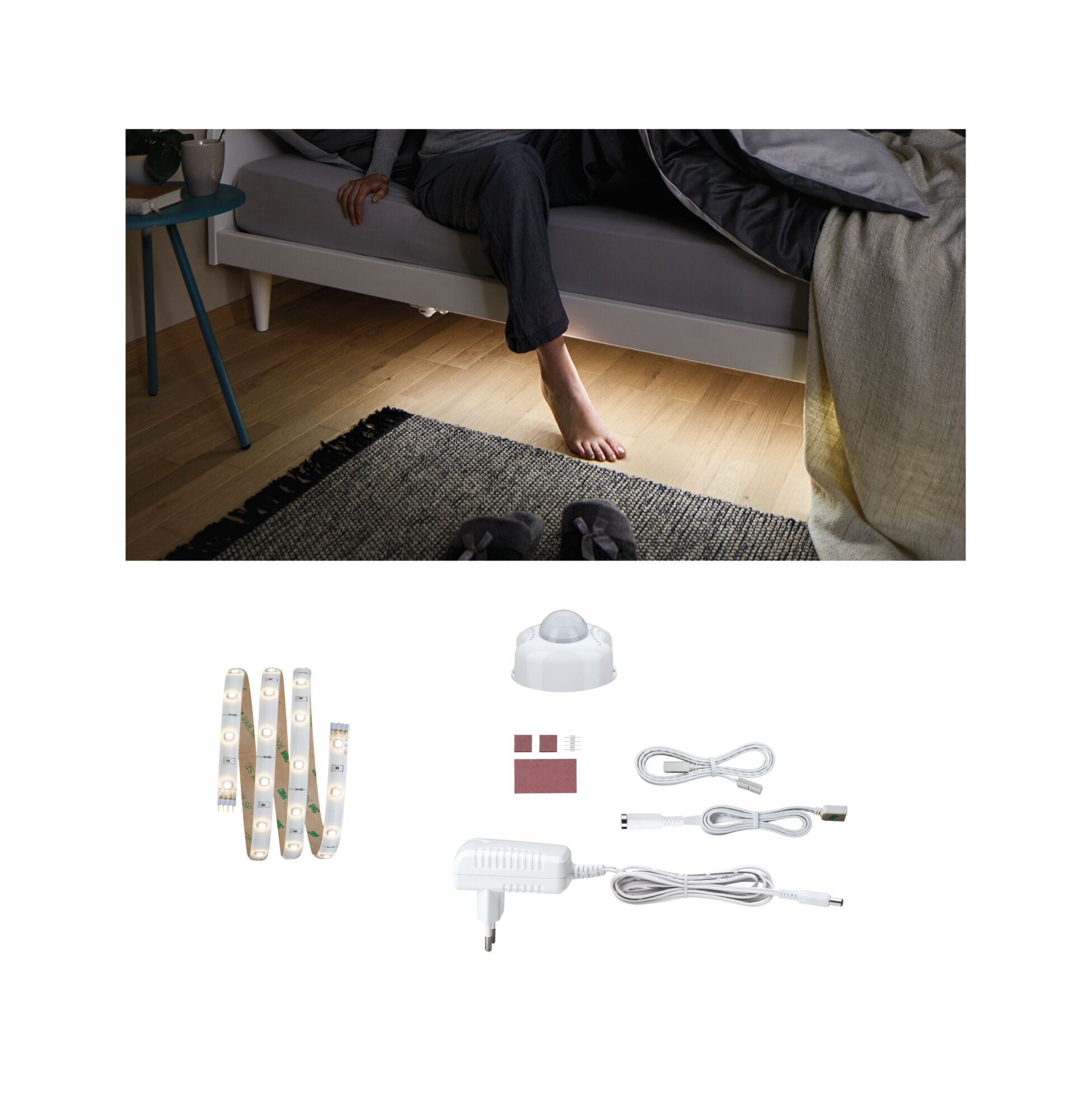 Witte LED-strip met bewegingssensor en adapter voor sfeerverlichting onder het bed