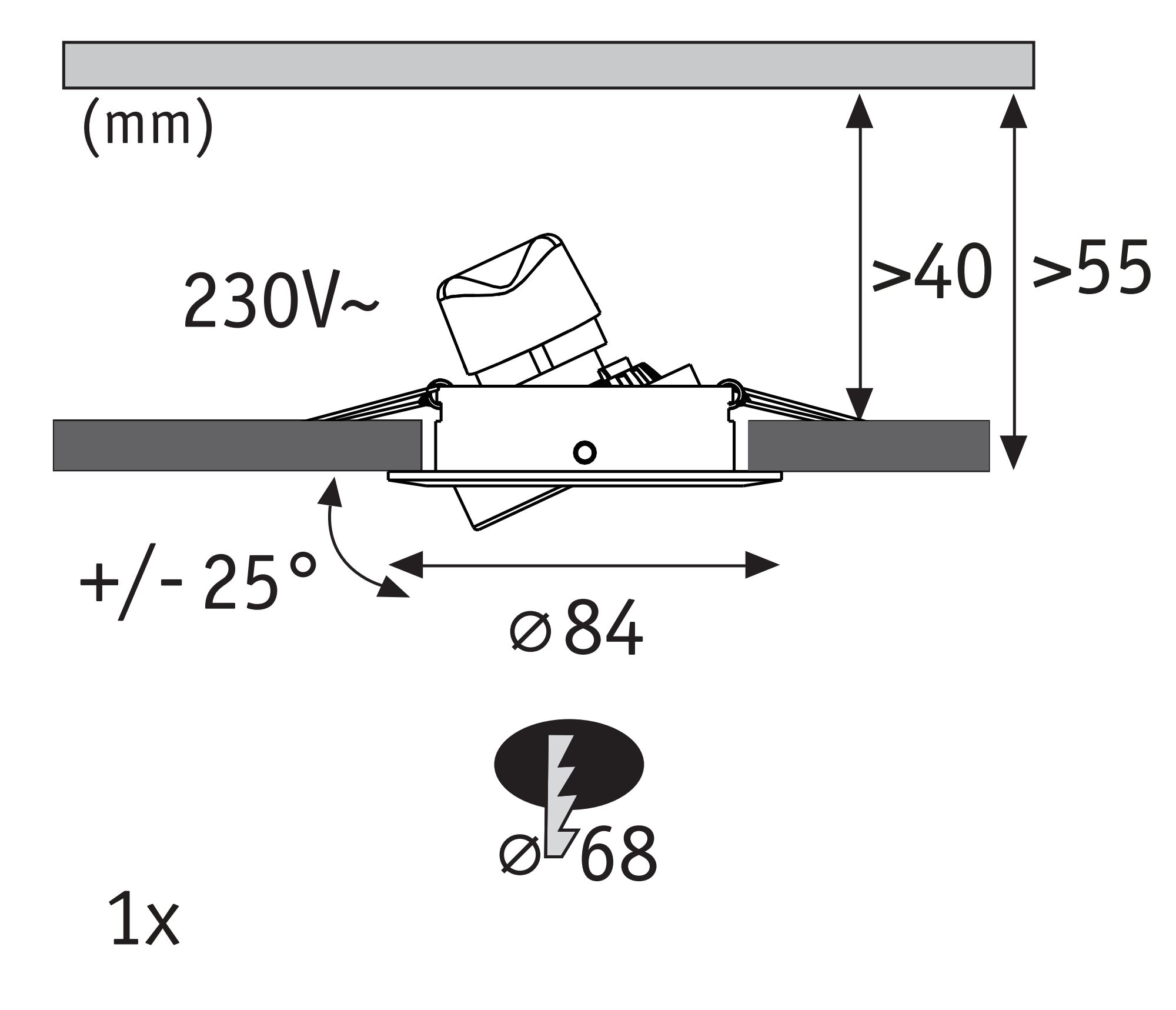 Technical drawing of adjustable 230V LED recessed spotlight with 84 mm diameter and tilt angle