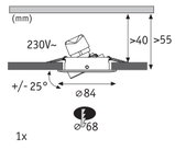 Technical drawing of adjustable 230V LED recessed spotlight with 84 mm diameter and tilt angle