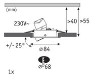 Technische Zeichnung eines einstellbaren LED-Einbaustrahler mit 230V Spannung und 84 mm Durchmesser