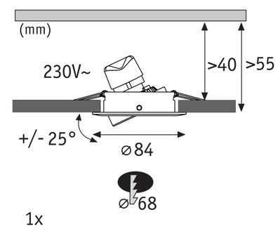 Technical drawing of adjustable 230V LED recessed spotlight with 84 mm diameter and tilt angle