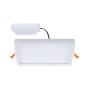 Weißes quadratisches LED Panel mit Anschlussbox und orangen Halteklammern für Deckenmontage