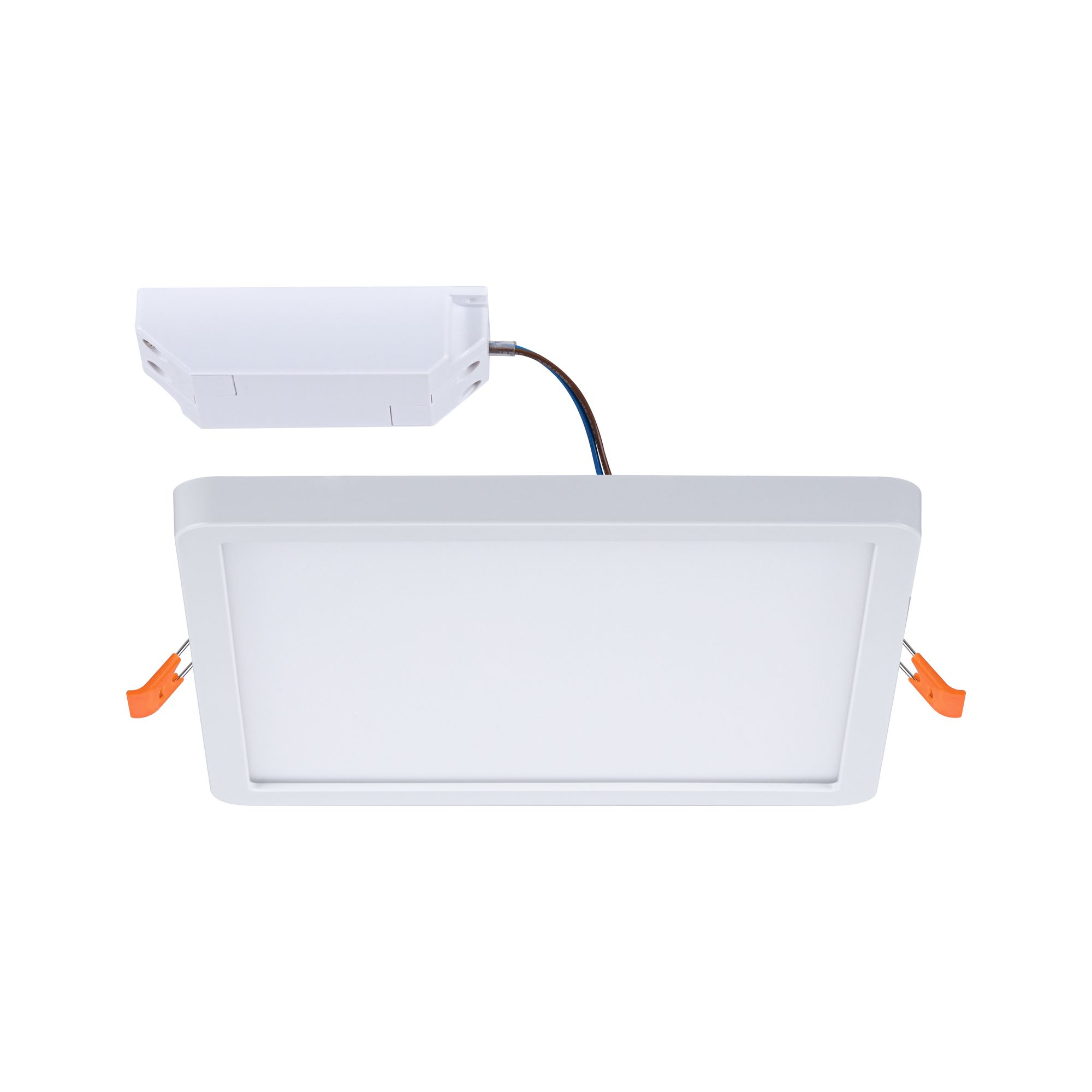 Weißes quadratisches LED Panel mit Anschlussbox und orangen Halteklammern für Deckenmontage