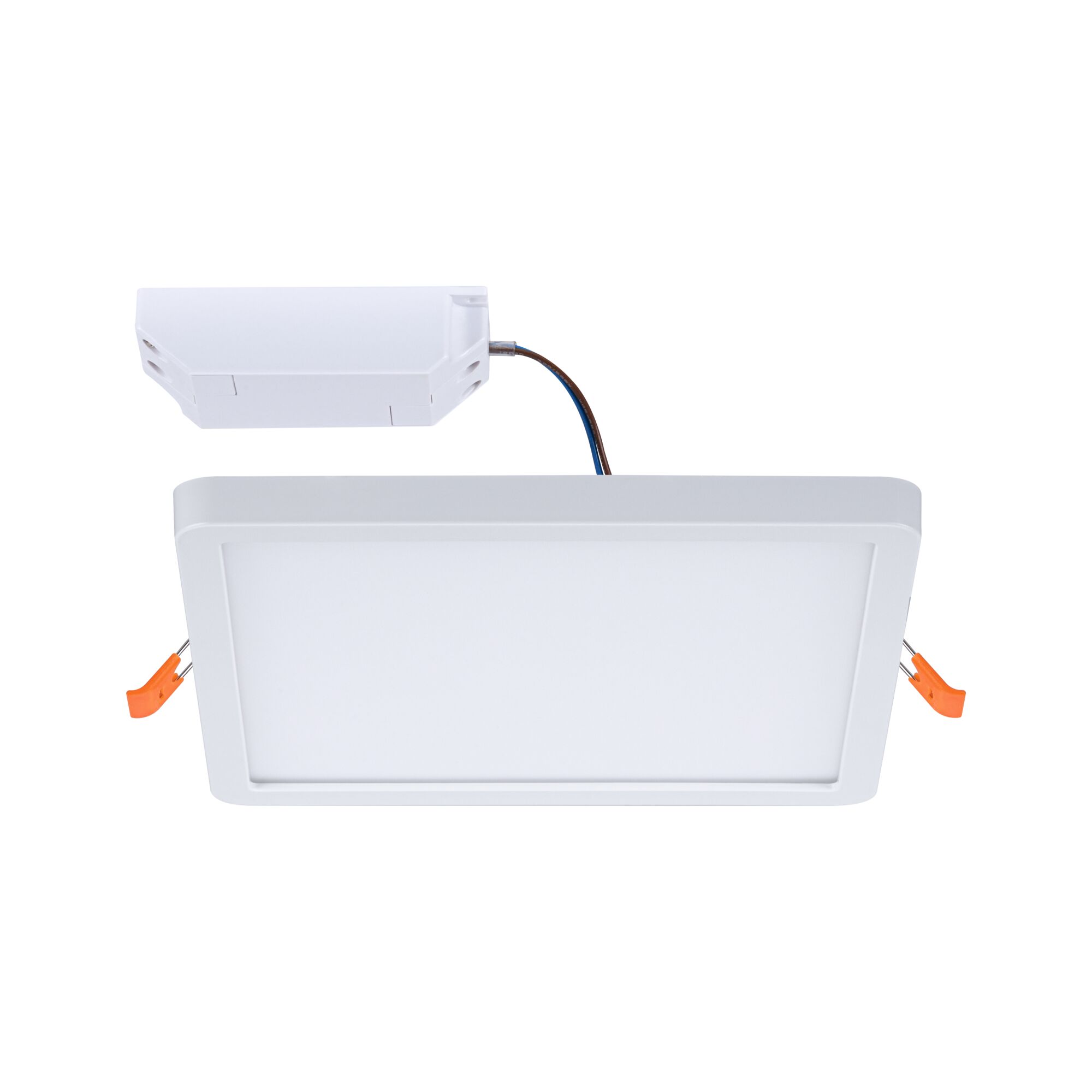 Weißes quadratisches LED Panel mit Anschlussbox und orangen Halteklammern für Deckenmontage