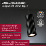 Black URail Lirena pendant light with slatted design, compatible with GU10 bulbs and smart device control