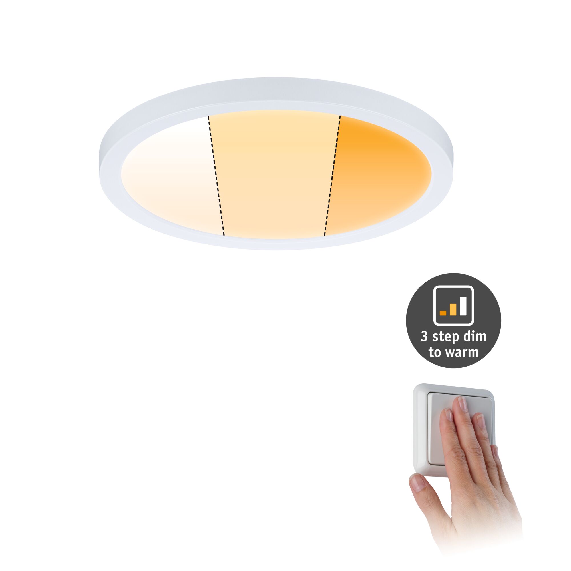 Round white LED ceiling light with 3-step dim to warm function and easy wall switch control