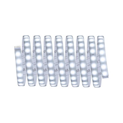 Flexible LED strip light with white LEDs and adhesive backing for versatile lighting solutions.