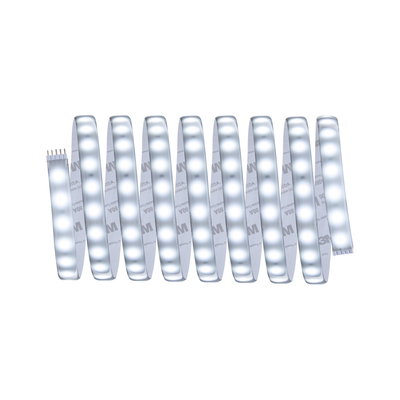 Flexible LED strip light with white LEDs and adhesive backing for versatile lighting solutions.
