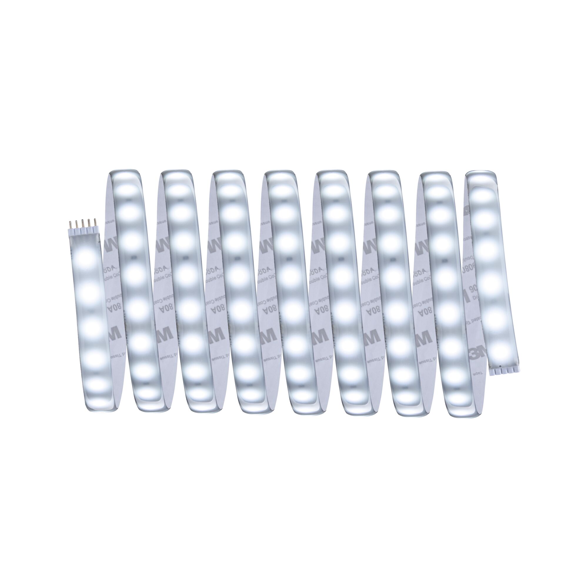 Flexible LED strip light with white LEDs and adhesive backing for versatile lighting solutions.