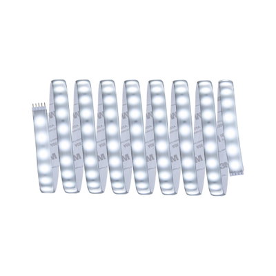 Flexible LED strip light with white LEDs and adhesive backing for versatile lighting solutions.