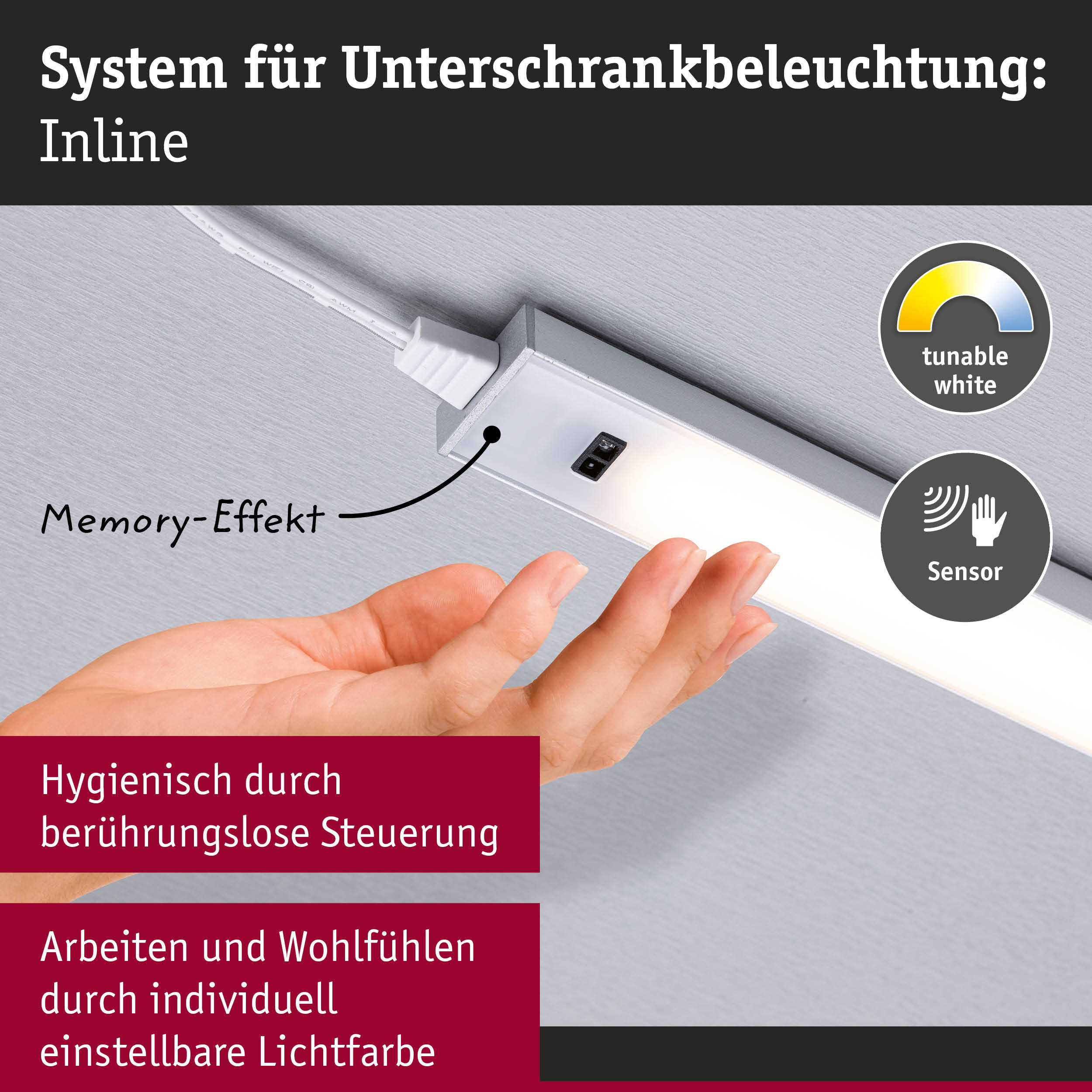 Sensor-gesteuerte Unterbauleuchte Inline mit einstellbarer Lichtfarbe und Memory-Effekt in Weiß