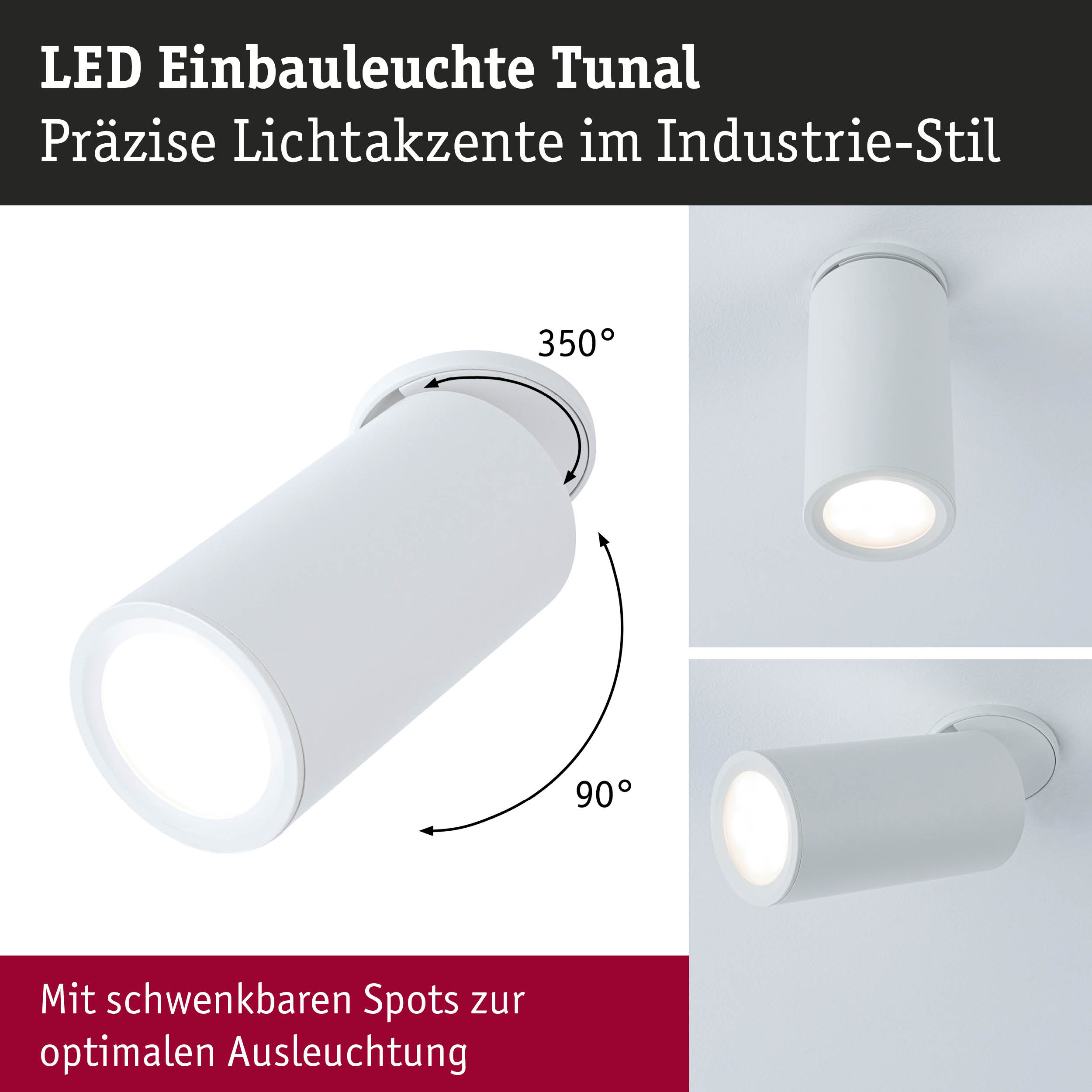 Weiße LED Einbauleuchte Tunal aus Metall mit schwenkbaren Spots für präzise Lichtakzente im Industrie-Stil