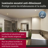 Luminaire encastré en aluminium IP44 pour pièces humides et zones extérieures couvertes, anti-éblouissant