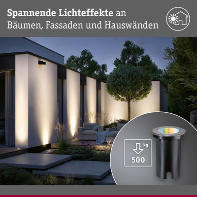 Außenbeleuchtung mit spannenden Lichteffekten an Hauswänden und Bäumen, schwarzes Einbauleuchtengehäuse