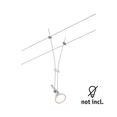 Modern silver metal cable spotlight with adjustable lamp head, LED bulb not included