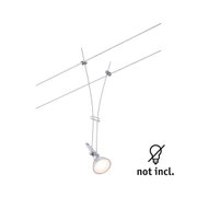 Moderne zilverkleurige metalen kabelspot met verstelbare lampkop en LED-lamp niet inbegrepen symbool