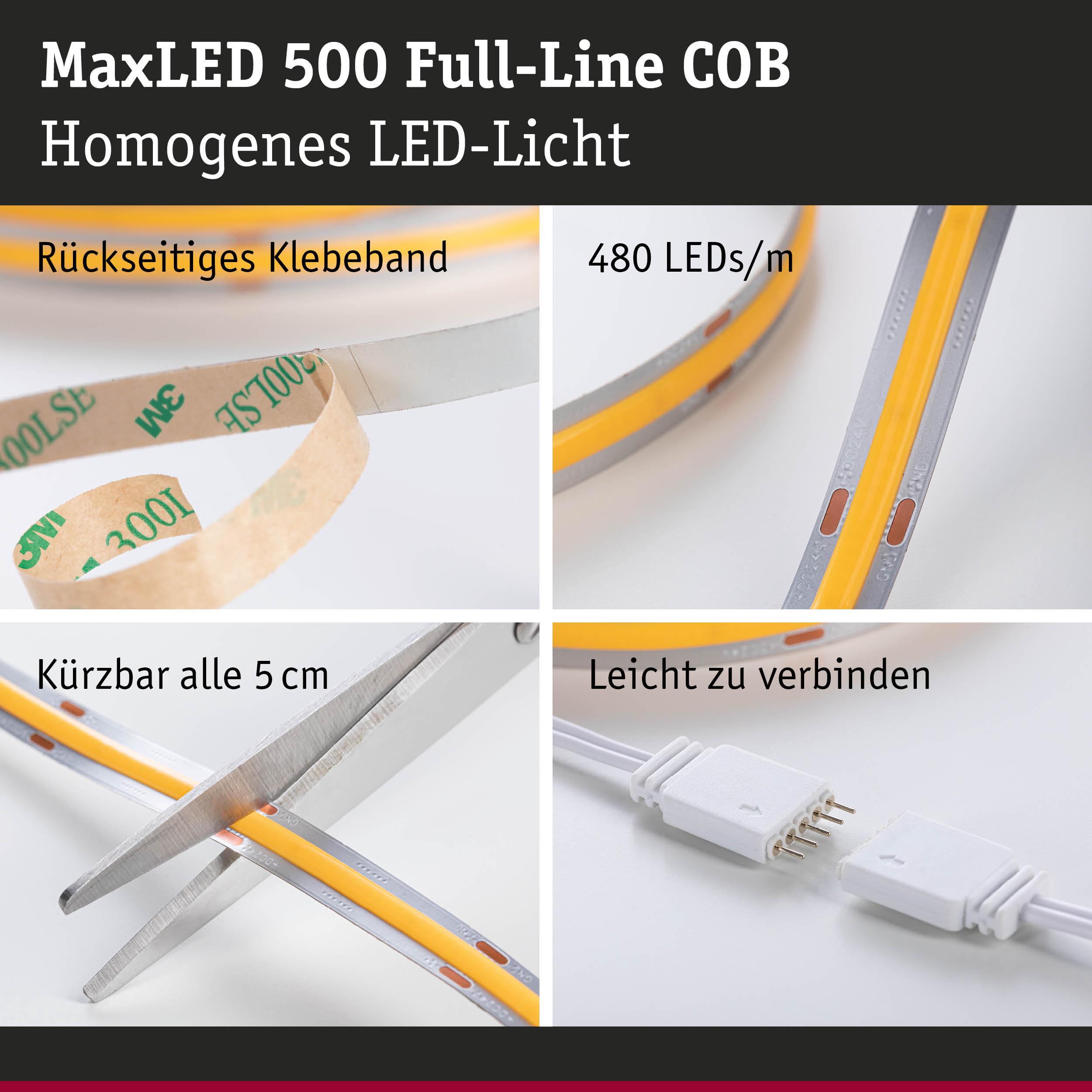 MaxLED 500 Full-Line COB LED-Streifen mit 480 LEDs/m, selbstklebend, alle 5 cm kürzbar, einfach verbindbar