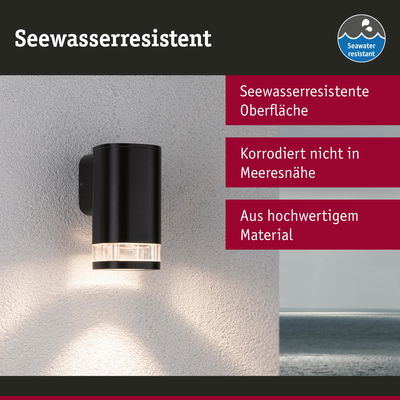 Schwarze Außenwandleuchte mit seewasserresistenter Oberfläche aus hochwertigem Material für Küstenbereiche